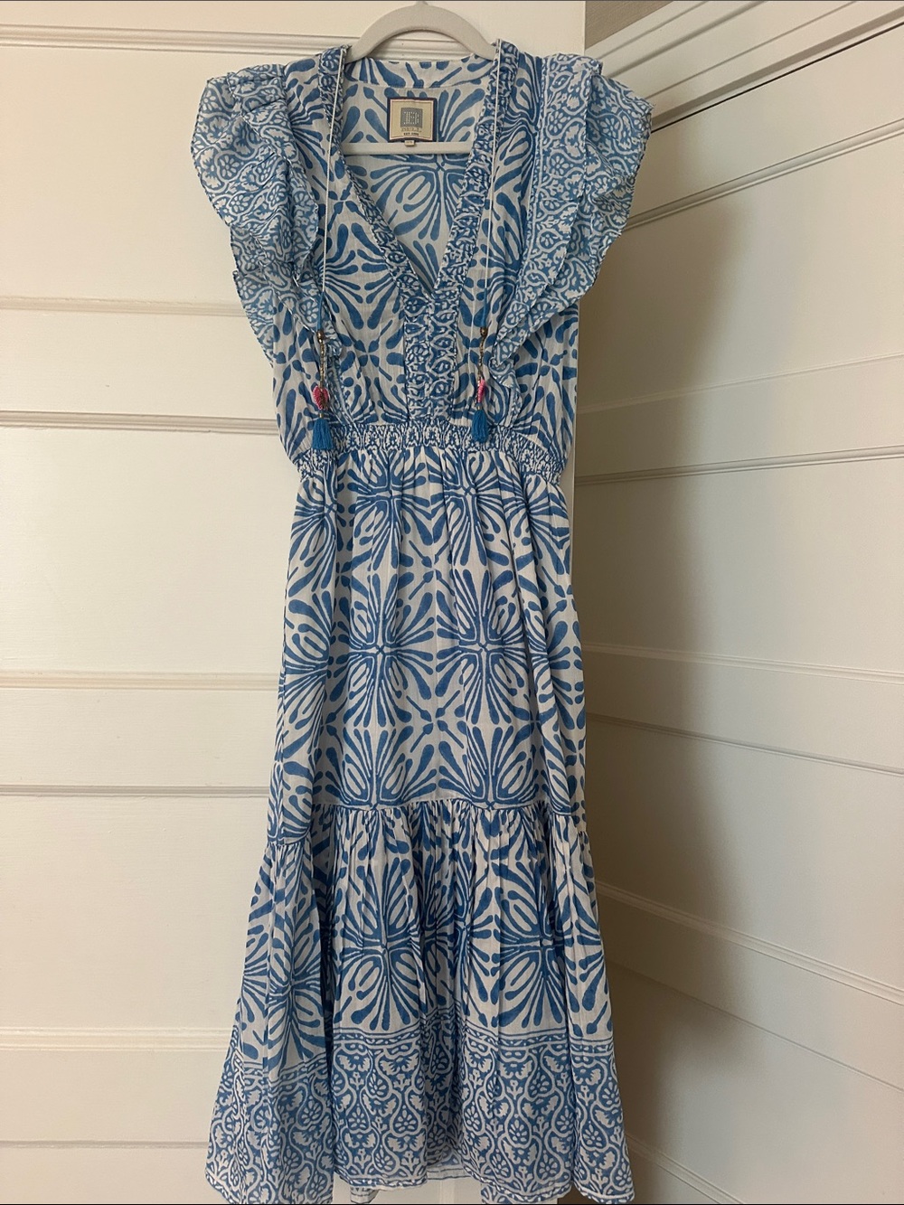 Blue & White Printed Midi Dress with Ruffle Sleeves